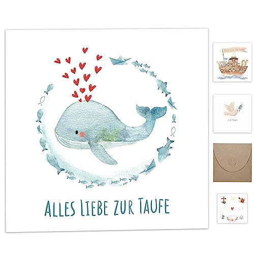 Taufgeschenke für Jungen Mädchen Patenkind,Karte Taufe mit Umschlag aus Kraftpapier,Hochwertig Taufkarten mit Taufe Sticker Deko,Glückwunschkarten zur Taufe Geschenk Taufe Klappkarte mit Wal tanzende von Legezon