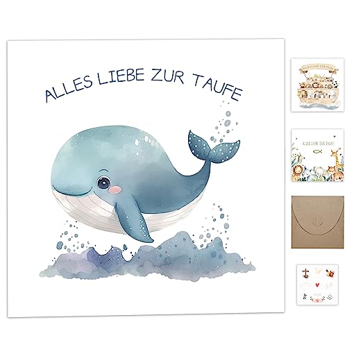 Taufgeschenke für Jungen Mädchen Patenkind,Karte Taufe mit Umschlag aus Kraftpapier,Hochwertig Taufkarten mit Taufe Sticker Deko,Glückwunschkarten zur Taufe Geschenk Taufe Klappkarte mit Wal schwimmen von Legezon