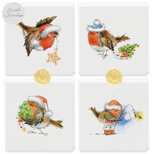 Weihnachtskarten mit Umschlag Set 24 Stück - Rotkehlchen Weihnachtskarten - Kleine Weihnachtskarten Klappkarten A6 Merry Christmas Cards Set - Karten Weihnachten Grußkarten Postkarten für Weihnachten von Legezon