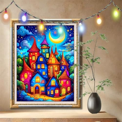 5D Diamond Painting Kinder,Diamant Painting Bilder für Erwachsene Große (50x70cm),DIY Mond,Haus Full Drill Crystal Art Mosaikherstellung Basteln Kits,Geeignet Als Geschenk,Home Wand Décor 57F-4774 von LeiDong