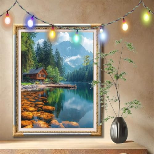 5D Diamond Painting Set für Erwachsene Große (100x133cm), Hütte,See Diamant Painting Bilder Kinder, DIY Kristall Strass Cross Stickerei Malerei Bastelset für Büro, Wanddeko, Geschenke 57F-7479 von LeiDong