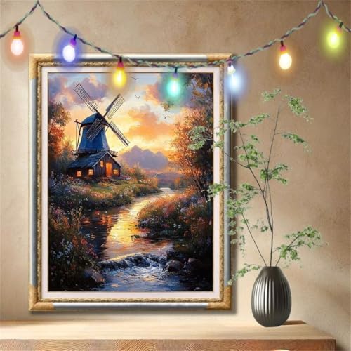 5D Diamond Painting Set für Erwachsene Große (100x133cm), Windmühle,Landschaft Diamant Painting Bilder Kinder, DIY Kristall Strass Cross Stickerei Malerei Bastelset für Wanddeko, Geschenke 57F-599 von LeiDong