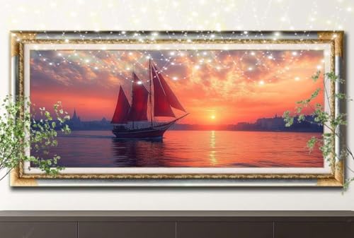 5D Diamond Painting Set für Erwachsene Große (100x200cm),Sonnenuntergang,Boot Diamant Painting Bilder Kinder,DIY Kristall Strass Cross Stickerei Malerei Bastelset für Büro,Wanddeko,Geschenke 55F-13019 von LeiDong