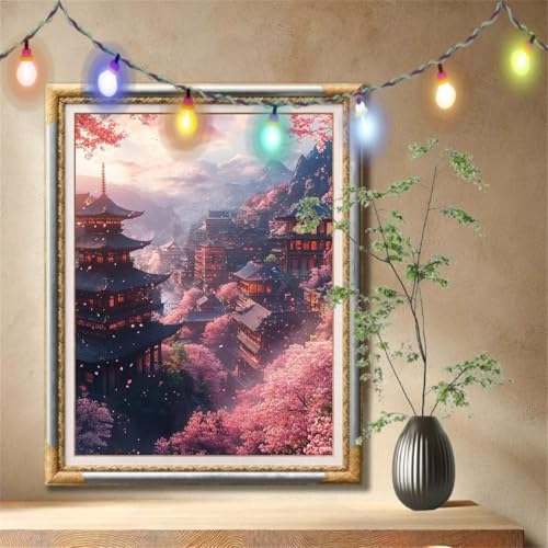 5D Diamond Painting Set für Erwachsene Große (30x40cm), Palast,Kirschblüten Diamant Painting Bilder Kinder, DIY Kristall Strass Cross Stickerei Malerei Bastelset für Wanddeko, Geschenke 57F-6392 von LeiDong