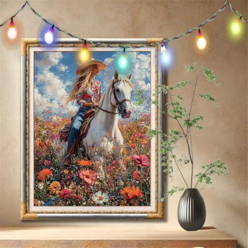 5D Diamond Painting Set für Erwachsene Große (50x70cm), Cowboy,Pferd Diamant Painting Bilder Kinder, DIY Kristall Strass Cross Stickerei Malerei Bastelset für Büro, Wanddeko, Geschenke 57F-2554 von LeiDong