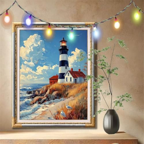 5D Diamond Painting Set für Erwachsene Große (60x80cm), Möwe,Leuchtturm Diamant Painting Bilder Kinder, DIY Kristall Strass Cross Stickerei Malerei Bastelset für Büro, Wanddeko, Geschenke 57F-6515 von LeiDong