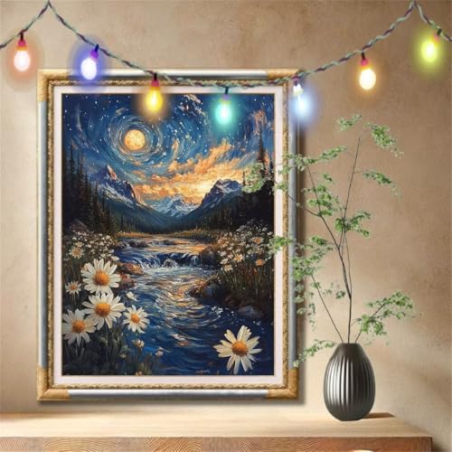 5D Diamond Painting Set für Erwachsene Große (60x80cm), Mond,Wildblumen Diamant Painting Bilder Kinder, DIY Kristall Strass Cross Stickerei Malerei Bastelset für Büro, Wanddeko, Geschenke 57F-4875 von LeiDong