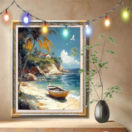 5D Diamond Painting Set für Erwachsene Große (90x120cm), Küste,Boot Diamant Painting Bilder Kinder, DIY Kristall Strass Cross Stickerei Malerei Bastelset für Büro, Wanddeko, Geschenke 57F-1478 von LeiDong