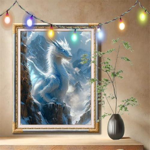 5D Diamond Painting Set für Erwachsene Große 100x133cm, Weißer Drache,Schneeberg Diamant Painting Bilder Kinder, DIY Kristall Strass Cross Stickerei Malerei Bastelset für Wanddeko, Geschenke 57F-39 von LeiDong