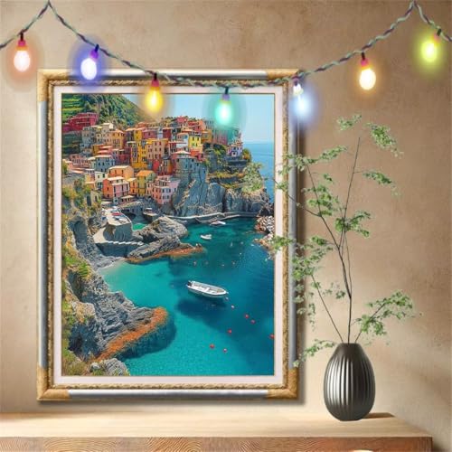 5D Diamond Painting Set für Erwachsene Große 50x70cm,Küste,Boot Diamant Painting Bilder Kinder,DIY Kristall Strass Cross Stickerei Malerei Bastelset für Schlafzimmer,Büro,Wanddeko,Geschenke 57F-1434 von LeiDong