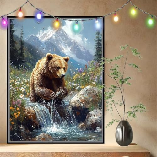 Bach,Braunbär Malen nach Zahlen Erwachsene Mädchen Klein (120x160cm),DIY Ölgemälde Set Malerei Basteln Leinwand Bilder für Dame,Acrylmalerei Paint by Numbers Adults für Heimdekoration 54N-4050 von LeiDong
