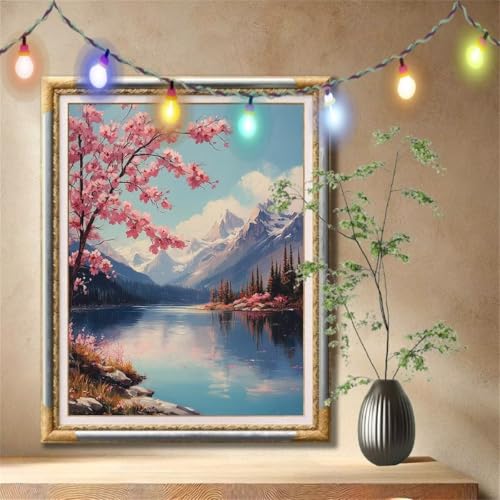 Diamant Painting Bilder für Erwachsene, 5D DIY Diamond Painting Kinder, Schneeberg,Kirschblüte Full Drill Cross Stickerei Malerei Kits Nach Zahlen für Wanddeko, Zuhause Dekor (70x90cm) 57F-4466 von LeiDong