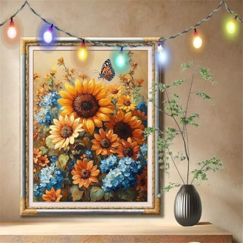 Diamant Painting Bilder für Erwachsene, 5D DIY Diamond Painting Kinder, Sonnenblume,Schmetterling Full Drill Cross Stickerei Malerei Kits Nach Zahlen für Wanddeko, Zuhause Dekor (70x90cm) 57F-3746 von LeiDong