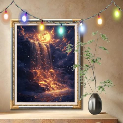 Diamant Painting Bilder für Erwachsene, 5D DIY Diamond Painting Kinder, Wasserfall,Mond Full Drill Cross Stickerei Malerei Kits Nach Zahlen für Wanddeko, Zuhause Dekor Geschenke (70x90cm) 57F-2746 von LeiDong