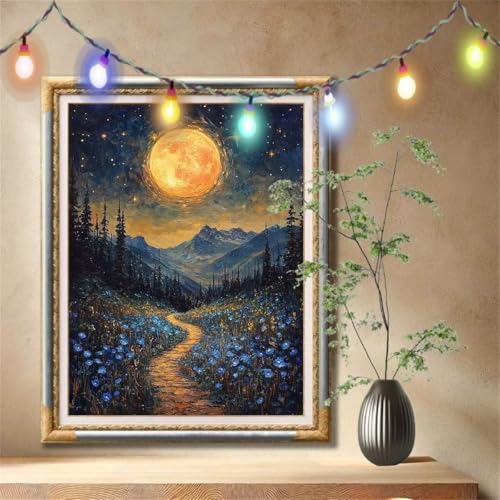 Diamant Painting Bilder für Erwachsene, 5D DIY Diamond Painting Kinder, Wildblume,Mond Full Drill Cross Stickerei Malerei Kits Nach Zahlen für Wanddeko, Zuhause Dekor Geschenke (60x80cm) 57F-4585 von LeiDong