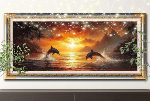 Diamant Painting Bilder für Erwachsene,5D DIY Diamond Painting Kinder,Sonnenuntergang,Delfin Full Drill Cross Stickerei Malerei Kits Malen Nach Zahlen für Wanddeko,Zuhause Dekor (40x120cm) 55F-13115 von LeiDong