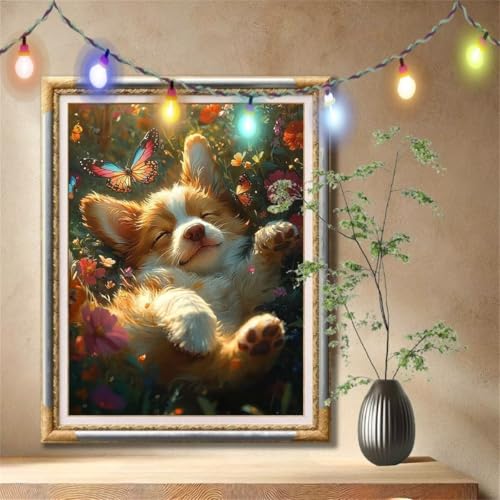 Diamond Painting Erwachsene,5D Blume,Welpe Diamant Painting Bilder für Kinder, DIY Diamant Kristall Strass Mosaik Kreuzstich Bastelset für Zuhause Dekor und Geburtstag Geschenke (40x50cm) 57F-1803 von LeiDong