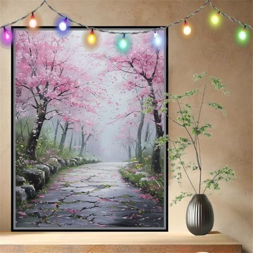 Kirschblüte,Pfad Malen nach Zahlen für Erwachsene Anfänger,DIY Paint by Numbers Acrylpigment Ölgemälde Kunsthandwerk Kit,Bastelset Malen Nach Zahlen Kinder für Home Wand Décor (80x107cm) 54N-4757 von LeiDong