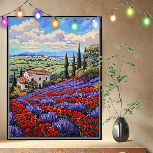Lavender,Landschaft Malen nach Zahlen Erwachsene Mädchen Klein (70x90cm),DIY Ölgemälde Set Malerei Basteln Leinwand Bilder für Dame,Acrylmalerei Paint by Numbers Adults für Heimdekoration 54N-4526 von LeiDong
