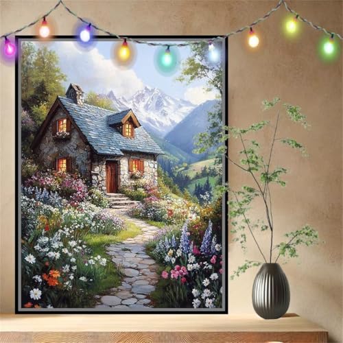 Malen nach Zahlen Erwachsene Hütte,Wildblume,Paint by Numbers Knitterfreie Leinwand Kit für Anfänger,DIY Basteln Acrylfarbe Handgemalt Ölgemälde Kit für Wand Dekoration Geschenk (60x80cm) 54N-9215 von LeiDong