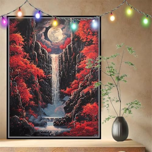 Malen nach Zahlen Erwachsene Mond,Wasserfall,Paint by Numbers Knitterfreie Leinwand Kit für Anfänger,DIY Basteln Acrylfarbe Handgemalt Ölgemälde Kit für Wand Dekoration Geschenk (50x70cm) 54N-9874 von LeiDong