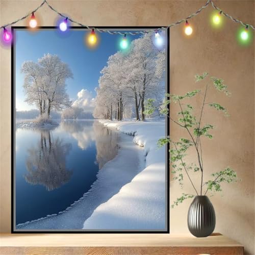 Malen nach Zahlen Erwachsene Schneelandschaft,Fluss,Paint by Numbers Knitterfreie Leinwand Kit für Anfänger,DIY Basteln Acrylfarbe Handgemalt Ölgemälde Kit für Wand Dekoration (70x90cm) 54N-9396 von LeiDong