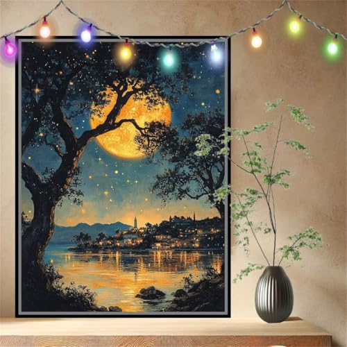 Mond,Landschaft Malen nach Zahlen für Erwachsene Anfänger,DIY Paint by Numbers Acrylpigment Ölgemälde Kunsthandwerk Kit,Bastelset Malen Nach Zahlen Kinder für Home Wand Décor (60x80cm) 54N-4815 von LeiDong