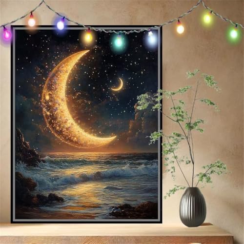 Mond,Meer Malen nach Zahlen für Erwachsene Anfänger,DIY Paint by Numbers Acrylpigment Ölgemälde Kunsthandwerk Kit,Bastelset Malen Nach Zahlen Kinder für Geschenk Home Wand Décor (70x90cm) 54N-4786 von LeiDong