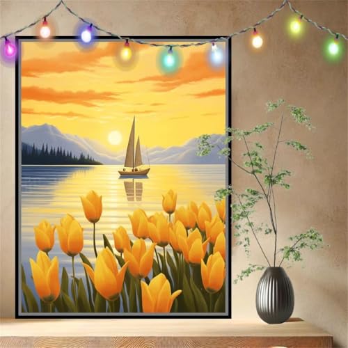 Tulip,Landschaft Malen nach Zahlen Erwachsene Mädchen Klein (120x160cm),DIY Ölgemälde Set Malerei Basteln Leinwand Bilder für Dame,Acrylmalerei Paint by Numbers Adults für Heimdekoration 54N-4770 von LeiDong