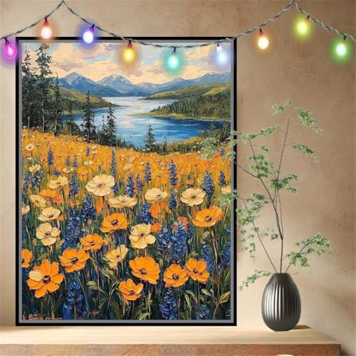 Wildblume,Fluss Malen nach Zahlen Erwachsene Mädchen Klein (60x80cm),DIY Ölgemälde Set Malerei Basteln Leinwand Bilder für Dame,Acrylmalerei Paint by Numbers Adults für Heimdekoration 54N-4615 von LeiDong