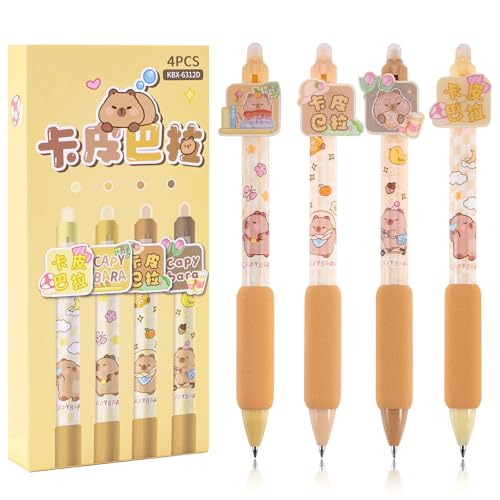 4 Stück radierbare Gelschreiber, blau, radierbare Gel-Tinte, 0,5 mm Spitze, Kawaii Capybara, einziehbar und ergonomisch, Kugelschreiber mit Radiergummi für Erwachsene Kinder Schulbedarf von Leikedun