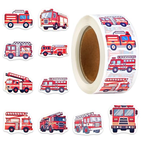 500 Stück Feuerwehrauto Aufkleberrolle Selbstklebend, Wasserfest Feuerwehr Sticker Deko, Feuerwehrmann Motorfahrzeuge Aufkleber für Party Geschenke Belohnungsanreize von Leikedun