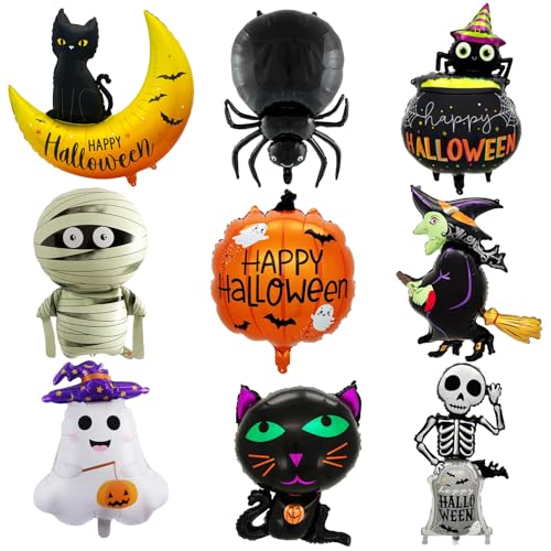 9 Stück Halloween-Luftballons, Folienballons mit Kürbis, Skelett, Geist, Hexe, Spinne, schwarze Katze, für Geburtstagsfeier, Halloween, Karneval, Heimdekoration 9 Stück Halloween-Luftballons, Folienballons mit Kürbis, Skelett, Geist, Hexe, Spinne, schwarze Katze, für Geburtstagsfeier, Halloween, Karneval, Heimdekoration von Leikedun