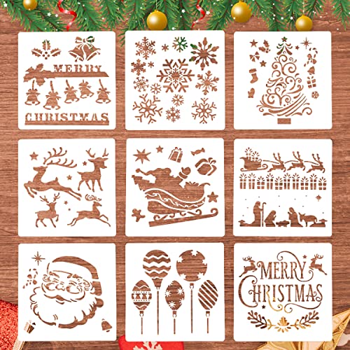 9 Stück Weihnachten Schablonen, Große Zeichenschablonen Malschablonen aus Kunststoff, Wiederverwendbar Stencil Schablonen, Weihnachtsbaum Weihnachtsmann Schneeflocke Elch Vorlage für DIY Dekoration von Leikedun