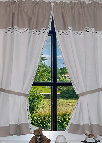 Landhaus Gardinen Set 100% Leinen/Baumwolle 2 St + 2 Bindebänder Weiß/Grau mit Spitze 120x80cm/Gesamt 160cm breit Greta von Leinenshop24