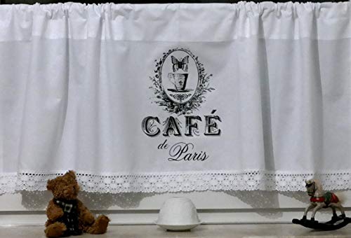Leinenshop24 Bistrogardine Kurzgardine Weiß Bild Cafe de Paris mit Spitze 100% Baumwolle 140 x 45 cm Landhaus Shabby Retro French Vintage von Leinenshop24