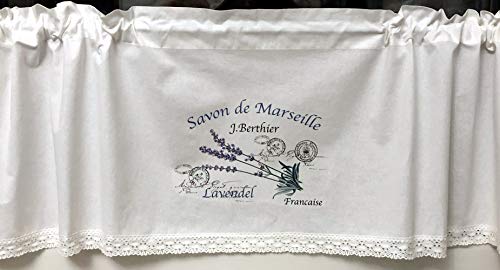 Leinenshop24 Bistrogardine Kurzgardine Weiß mit Spitze Lavendel Baumwolle 140 x 45 cm Landhaus Shabby Retro Cafe de Paris French Vintage von Leinenshop24