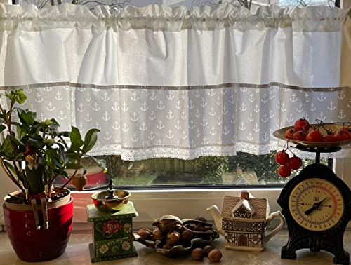Leinenshop24 Bistrogardine Kurzgardine Weiß mit Spitze Weiß Maritim Anker 100% Baumwolle 140 x 45 cm Landhaus Shabby Retro von Leinenshop24