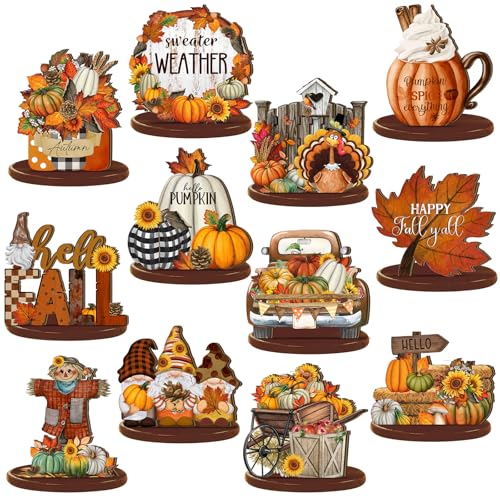 Leinuosen 12 Stück Herbst-Tischdekorationen, abgestufte Tablett-Dekoration, Erntedankfest, Tafelaufsatz, Herbst-Zwerg, Vogelscheuche, Ahorn, Truthahn, Holzschild, Erntedankfest, abgestuftes Tablett von Leinuosen