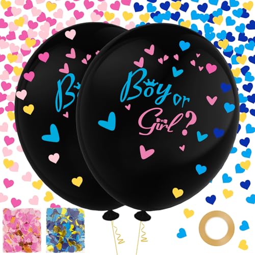 Gender Reveal Luftballon Junge oder Mädchen, 2 Stück Latex Schwarz Luftballons mit Rosa Blau Konfetti Nadelband für Babyparty Luftballons Party Dekoration von Leislam
