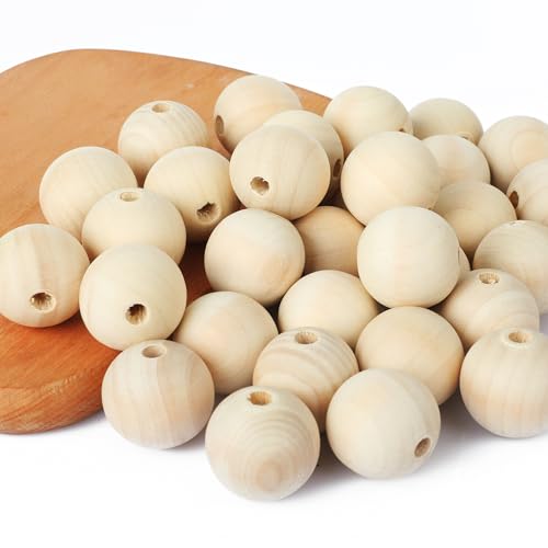 35 Stück x 30mm Große Holzperlen natur mit Perlen-Einfädler Runde Holzkugeln mit Loch 6mm zum Basteln Auffädeln Makramee Traumfänger Armbänder Halsketten DIY Handwerk von LeisuDay