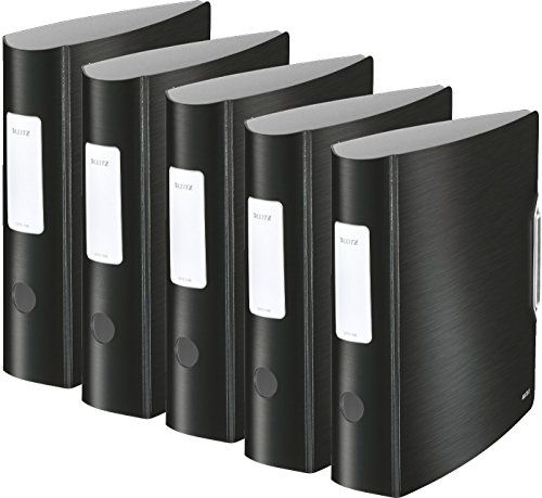 5 Stück Leitz 11080028 Multifunktions-Ordner (A4, Runder Rücken 8,2 cm Breite, Gummibandverschluss, Gebürstete Alu-Optik, Kunststoff, Ergonomische Form, Active Style) satin-schwarz von Leitz