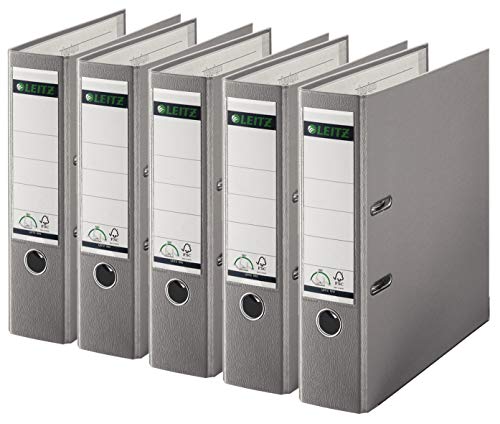 Leitz 1010 Aktenordner, Kunststoff, breit, mit patentierter 180-Grad-Präzisionsmechanik, 5er Sparpack, 8 cm, Breit Grau von Leitz