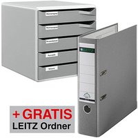AKTION: LEITZ Schubladenbox Post-Set  dunkelgrau, DIN A4 mit 5 Schubladen + GRATIS 1 LEITZ Kunststoff-Ordner 1010 grau 8 cm breit von Leitz