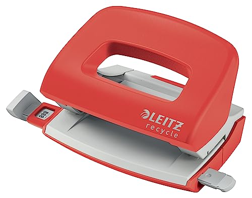 Leitz NeXXt Recycle Mini-Locher, 10 Blattlocher A4, kleiner Papierlocher für Büro & Schule, 100 % recyclebar, CO₂-neutral, umweltfreundlich, Recycle-Sortiment, Rot, 50100025 von Leitz