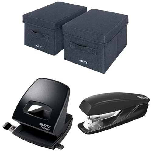 Leitz 2x Aufbewahrungsbox mit Deckel aus Stoff Klein + Recycle Locher 30 Blatt + Recycle Heftgerät 25 Blatt, Organisationsboxen für Büro, Haushalt, Küche & Schule, 61460089 + 50030095 + 56060095 von Leitz