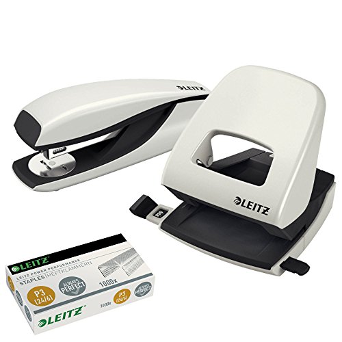 Leitz 5008 NeXXt Series Bürolocher, Metall, bis zu 30 Blatt / Kombi-Set mit Heftgerät + 1000 Klammern extra (grau) von Leitz