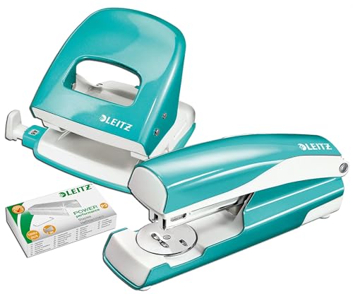Leitz 5008 NeXXt Series WOW Bürolocher, Metall, bis zu 30 Blatt / Kombi-Set mit Heftgerät + 1000 Klammern extra (Eisblau Metallic) von Leitz