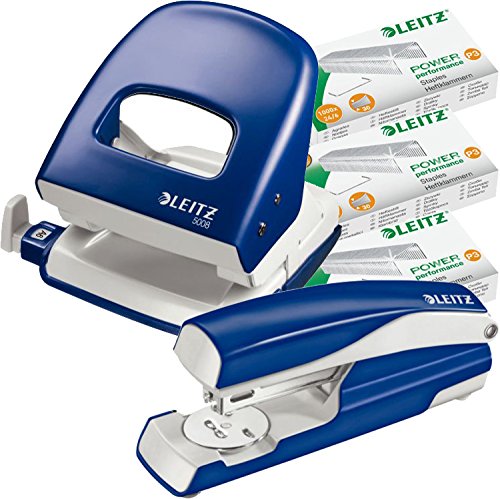 Leitz 50086035 Locher, 2,5 mm, mit Anschlagschiene, Blisterverpackung (Mit Hefter und Heftklammern, blau) von Leitz