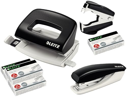 Leitz 5507 Stanz- und Lochgerät Bundle inkl. Aufbewahrungsklammern und Klammerentferner (Schwarz) von Leitz